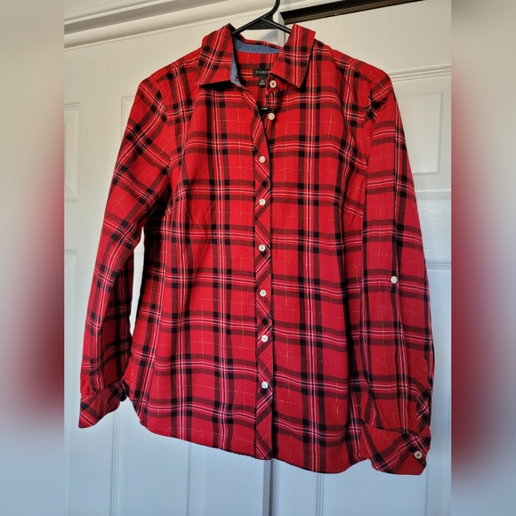 Talbots Women's Plaid Red Metallic Shirt Cotton Button Up, Medium. - Picture 2 of 13